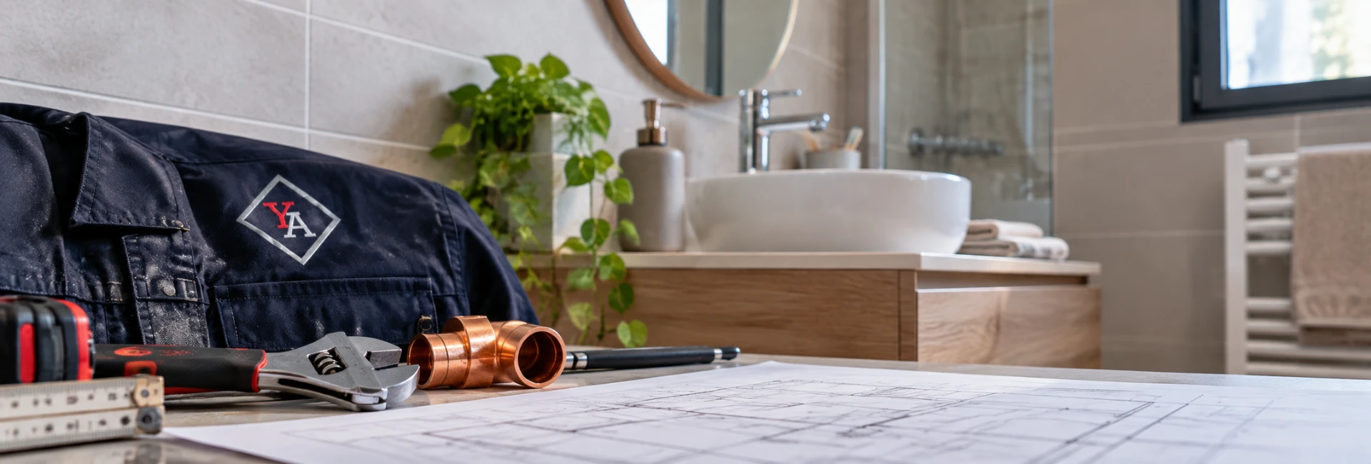 Tenue et outils de Yoan Agosti sur un chantier de salle de bain